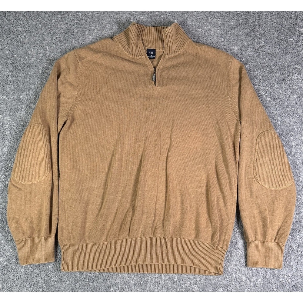 Vintage Gap Sweater Mens Medium Tan Quarter Zip Elbow Patches Cotton Preppy